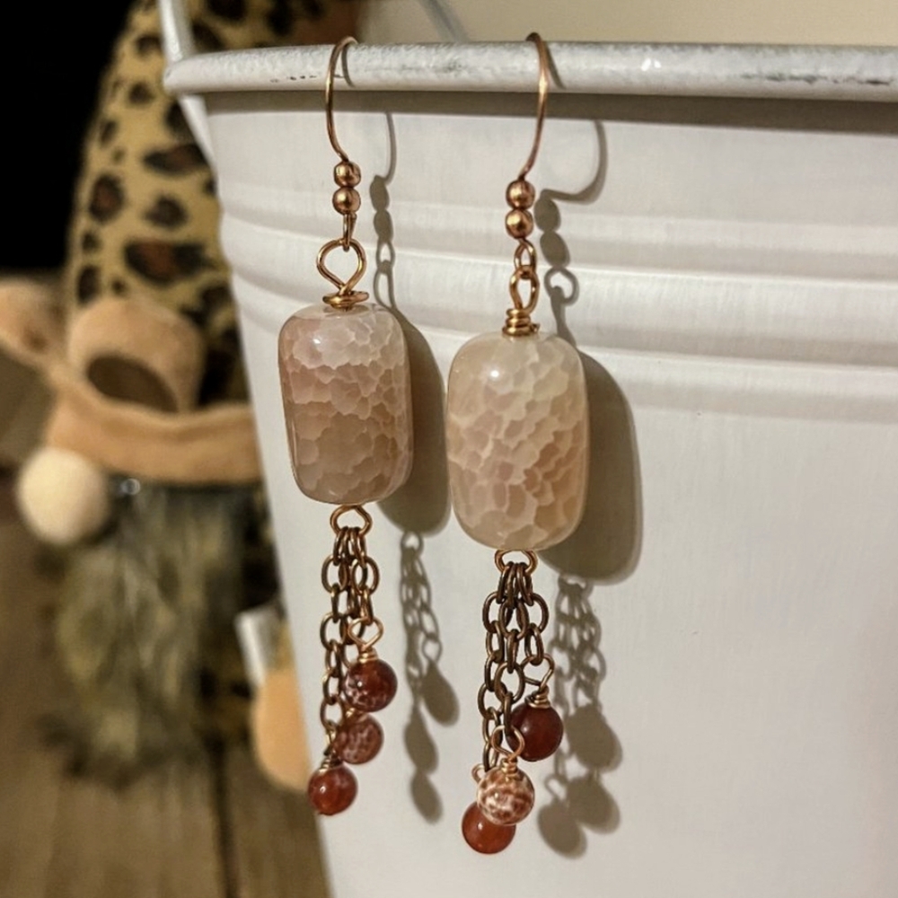 Fire Crackle Agate Genuine Gemstone Handmade Earrings, Copper Chain & Ear wires